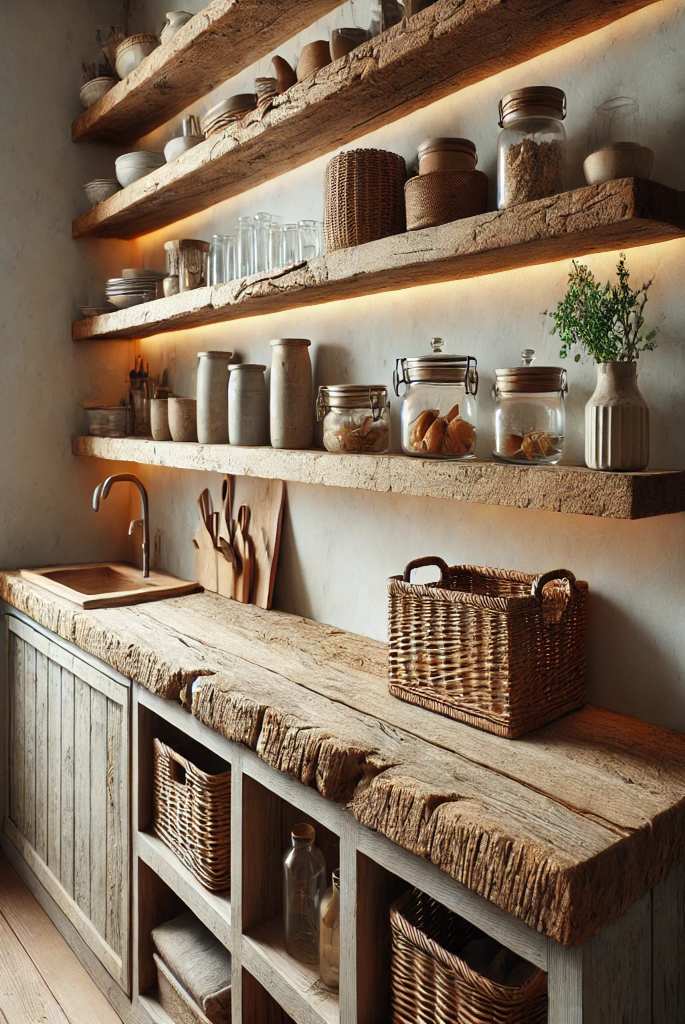 Wood Counter with Open Recessed Shelves