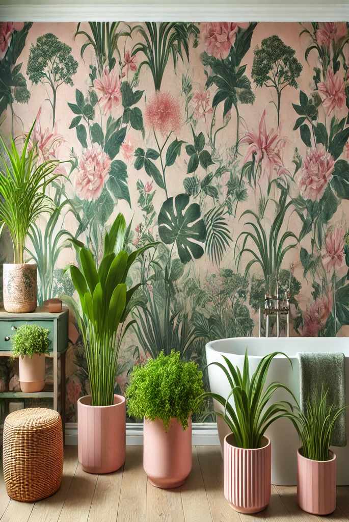 botanical-themed pink and green bathroom