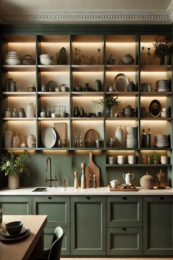 dark green open shelves