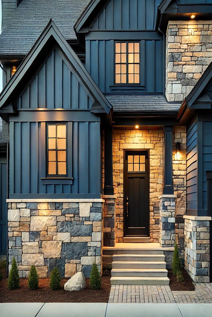 Navy Blue with Stone Veneer Accents