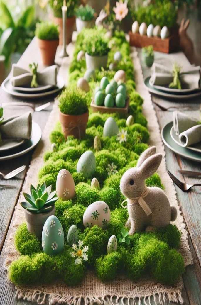 Moss Table Runner with Hidden Eggs