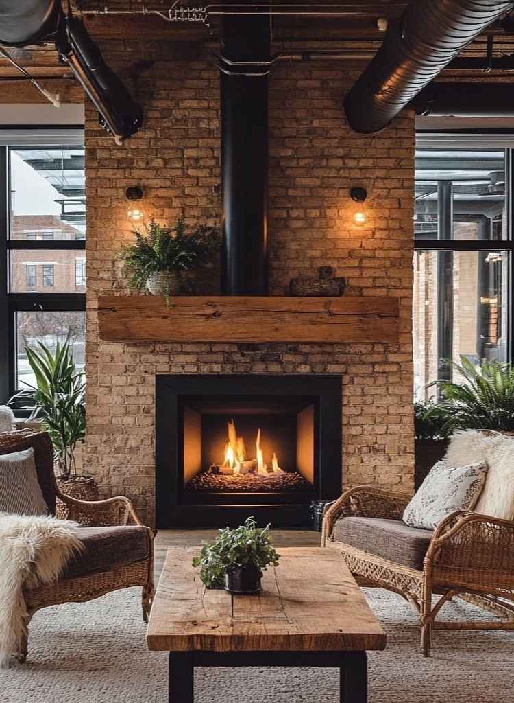 Black Fireplace with Rustic Mantel