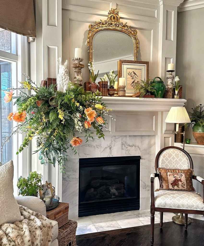 Elegant Asymmetrical Spring Mantel Styling