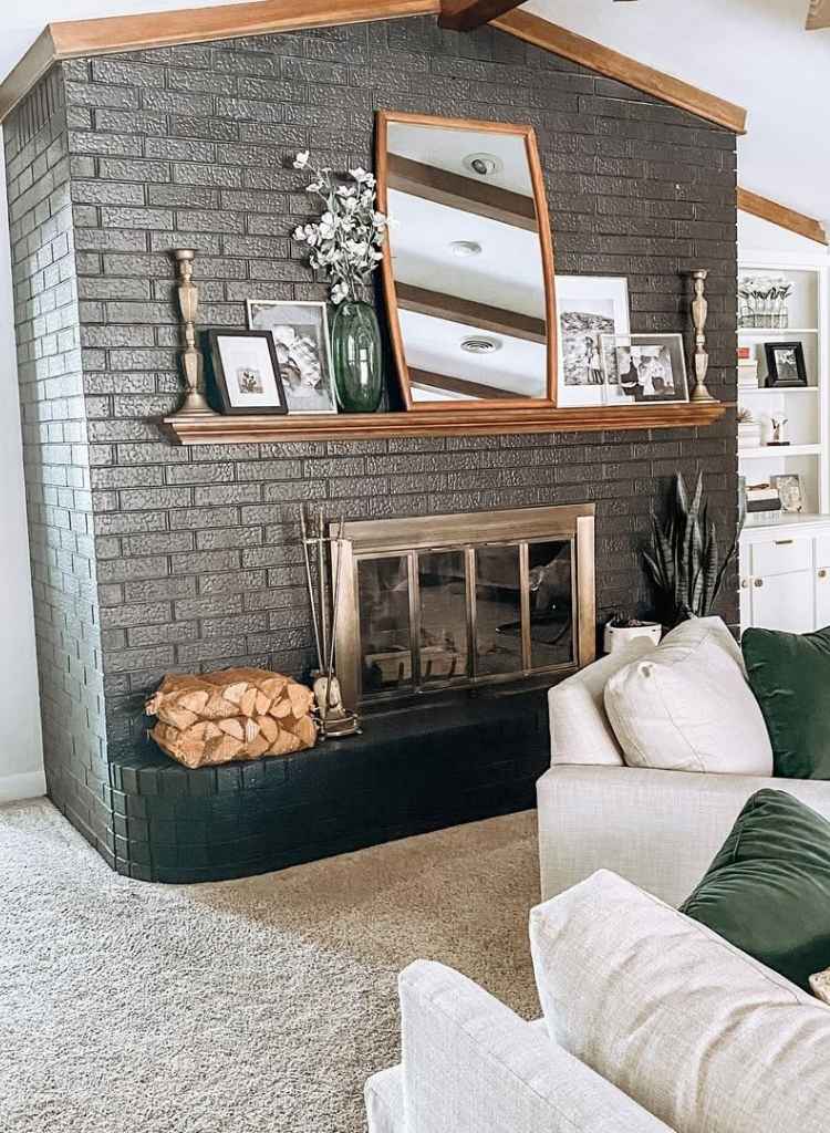 Mid-Century Brick Fireplace with Wooden Mantel
