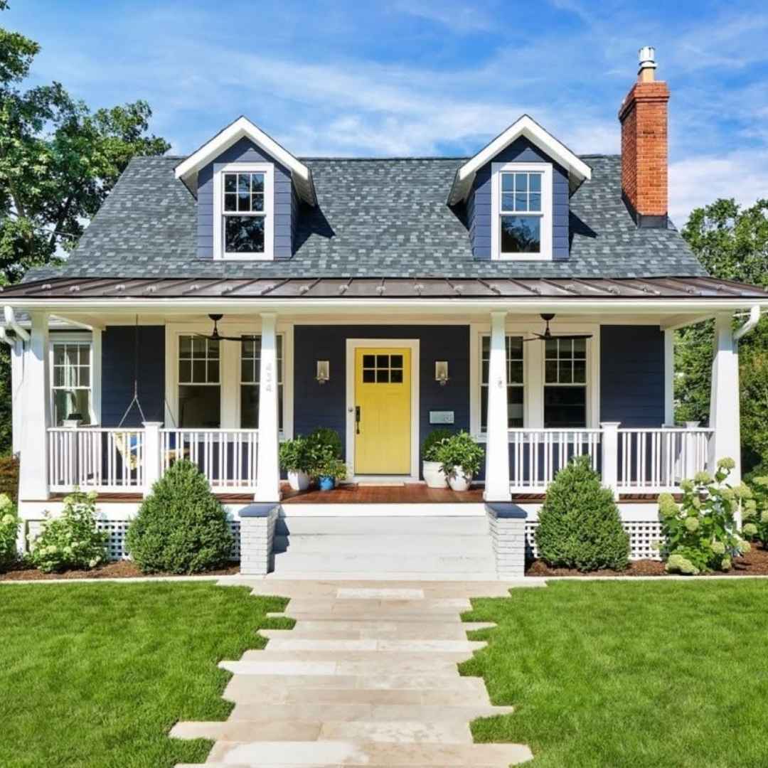 Navy Blue Cottage with Yellow Door