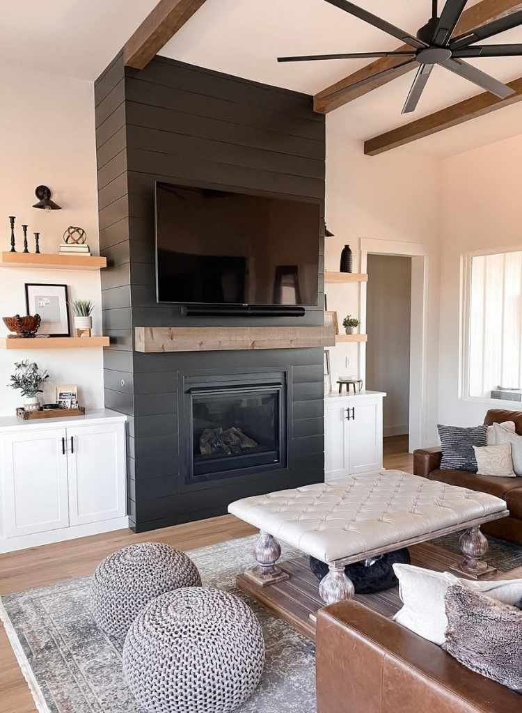 Shiplap Fireplace with TV and Floating Shelves