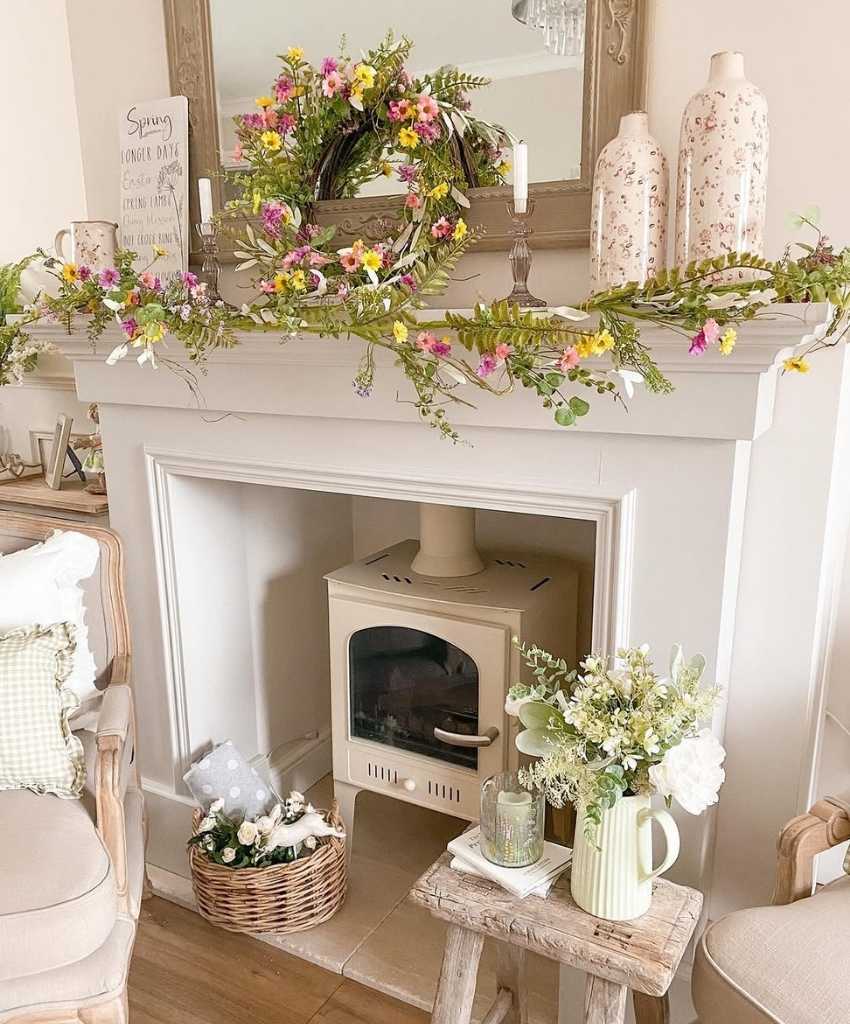 Soft Floral Spring Mantel in Cottage Neutrals