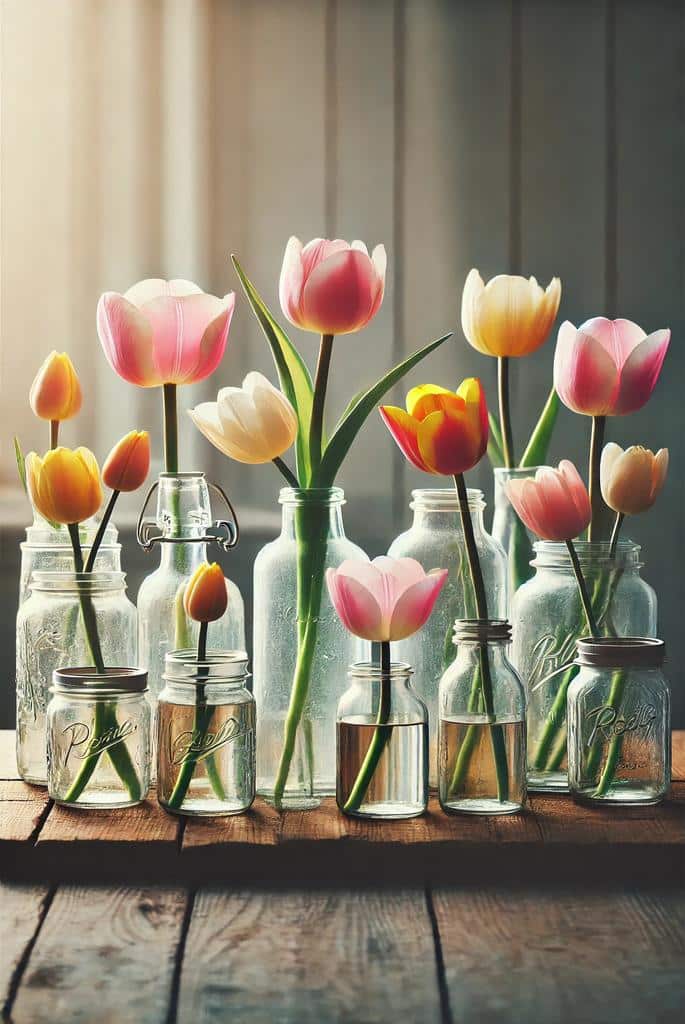 Tulips in Glass Bottles