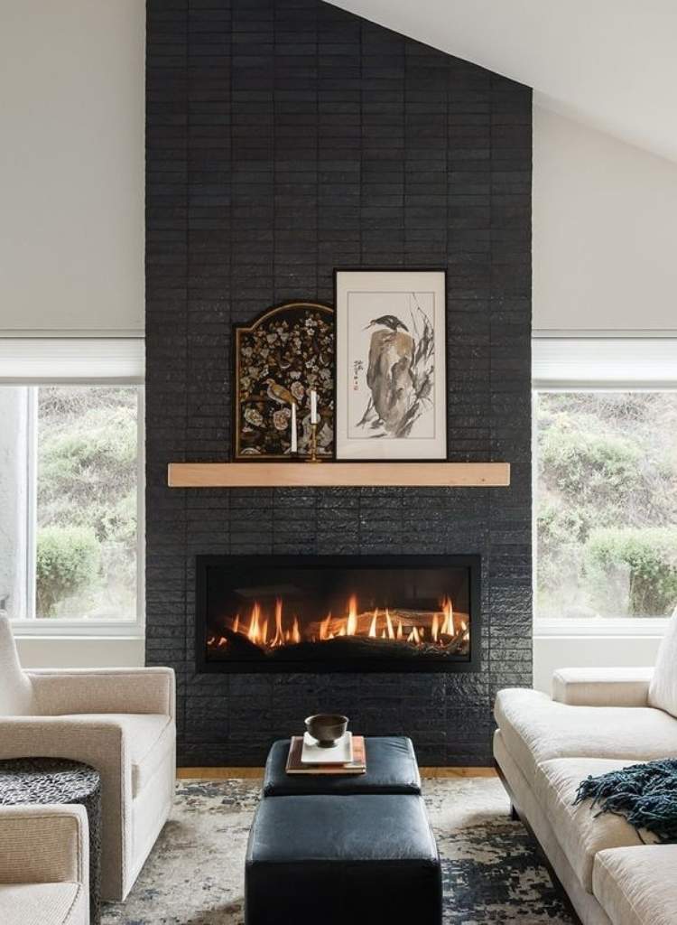 Vertical Brick Fireplace with Gas Flames