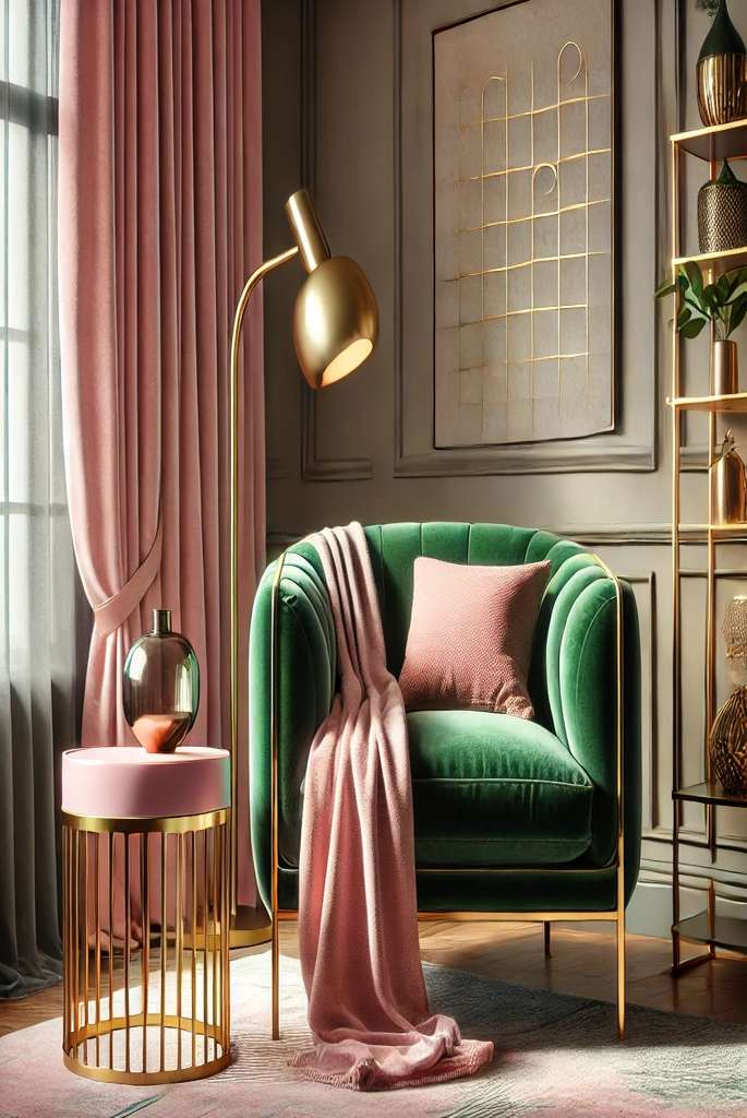 Velvet Green Armchair with Pink Accents