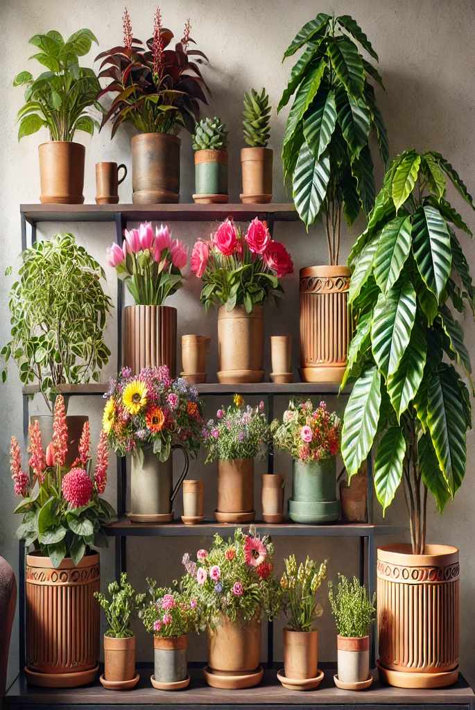 Coffee Plant with Flower Pots Display