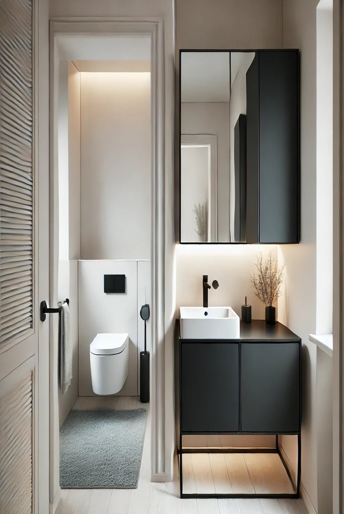 Small Bathroom with Space-Saving Black Vanity