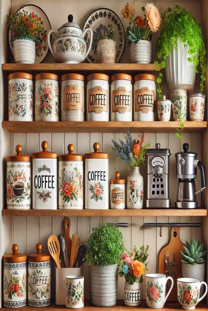  Coffee and Flower-Themed Kitchen Shelves