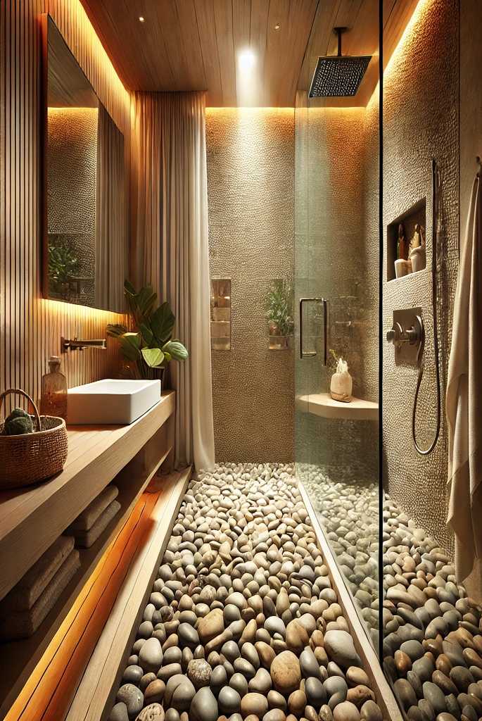 Walk-In Shower with Pebble Flooring