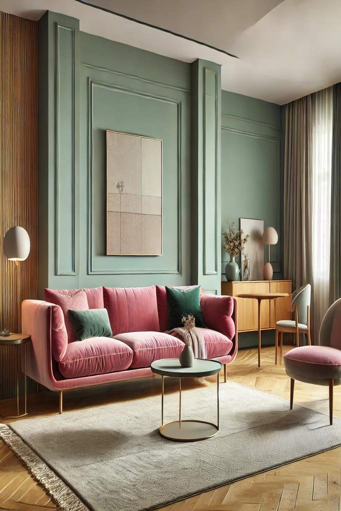 Sage Green Walls with Pink Velvet Sofas