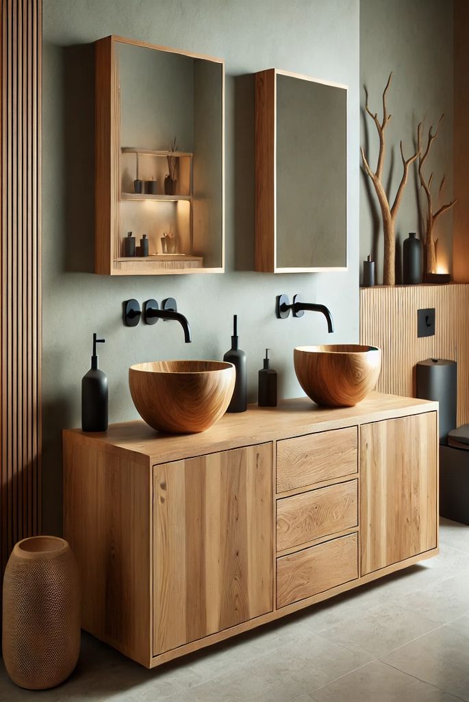 Freestanding Wooden Vanity with Vessel Sinks