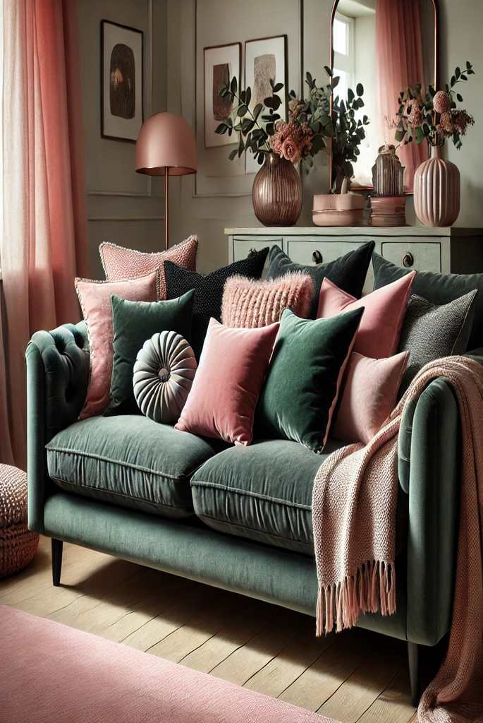 Green Sofas with Pink Throw Pillows