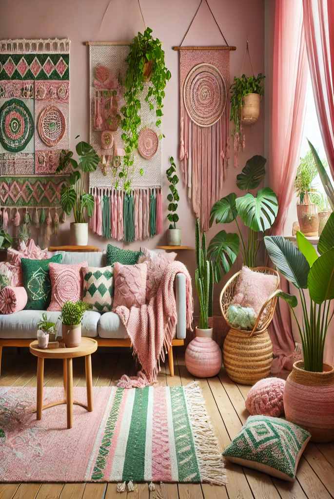 Pink and Green Bohemian Living Room