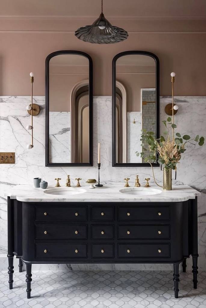 Double Vanity with Black Finish and Brass Details