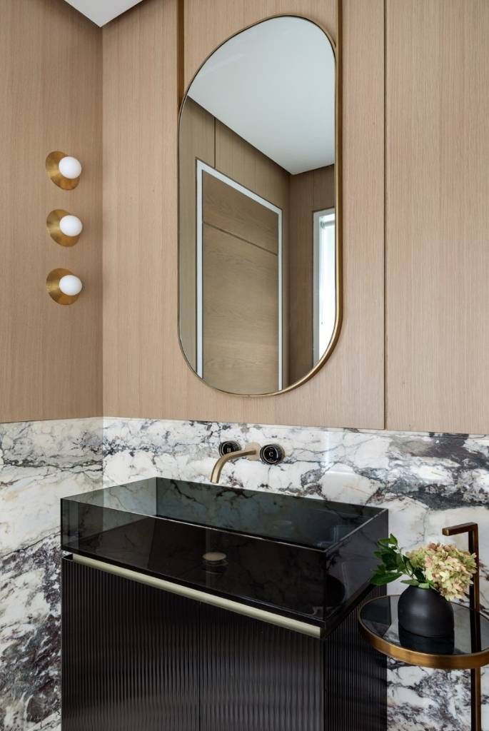 Sculpted Black Glass Vanity in Luxe Earth Tones
