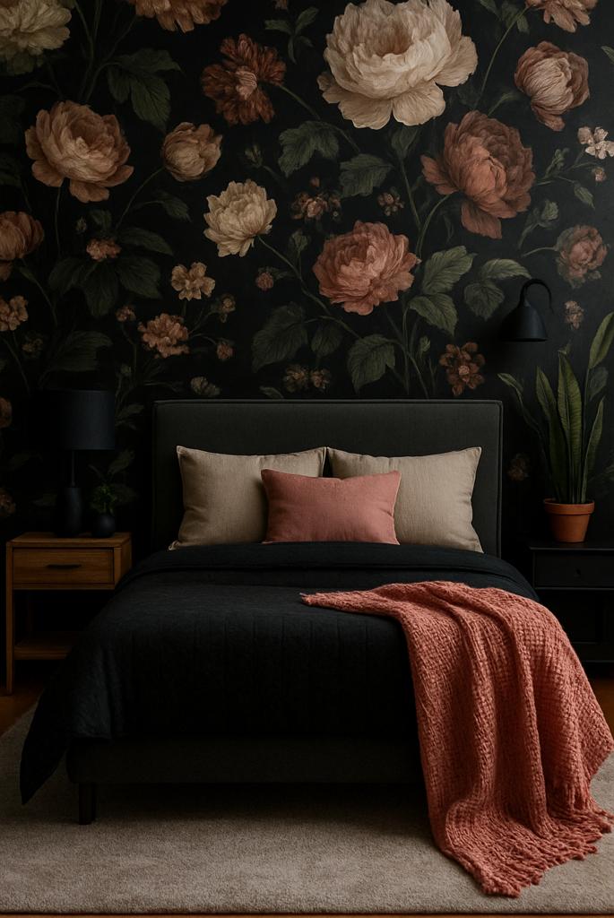 Romantic Floral Black Wallpaper