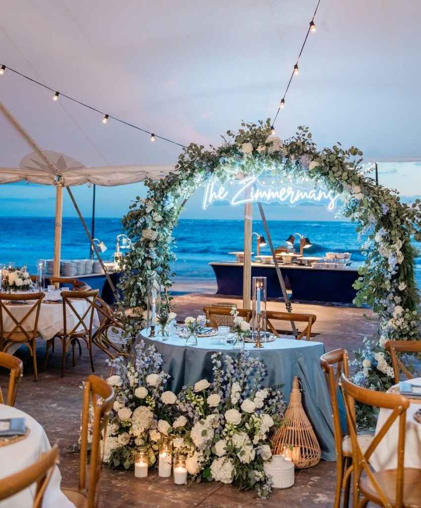 Coastal Blue Sweetheart Table with Floral Arch