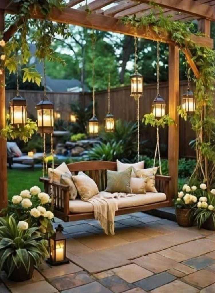 Garden Pergola Swing With Hanging Lanterns