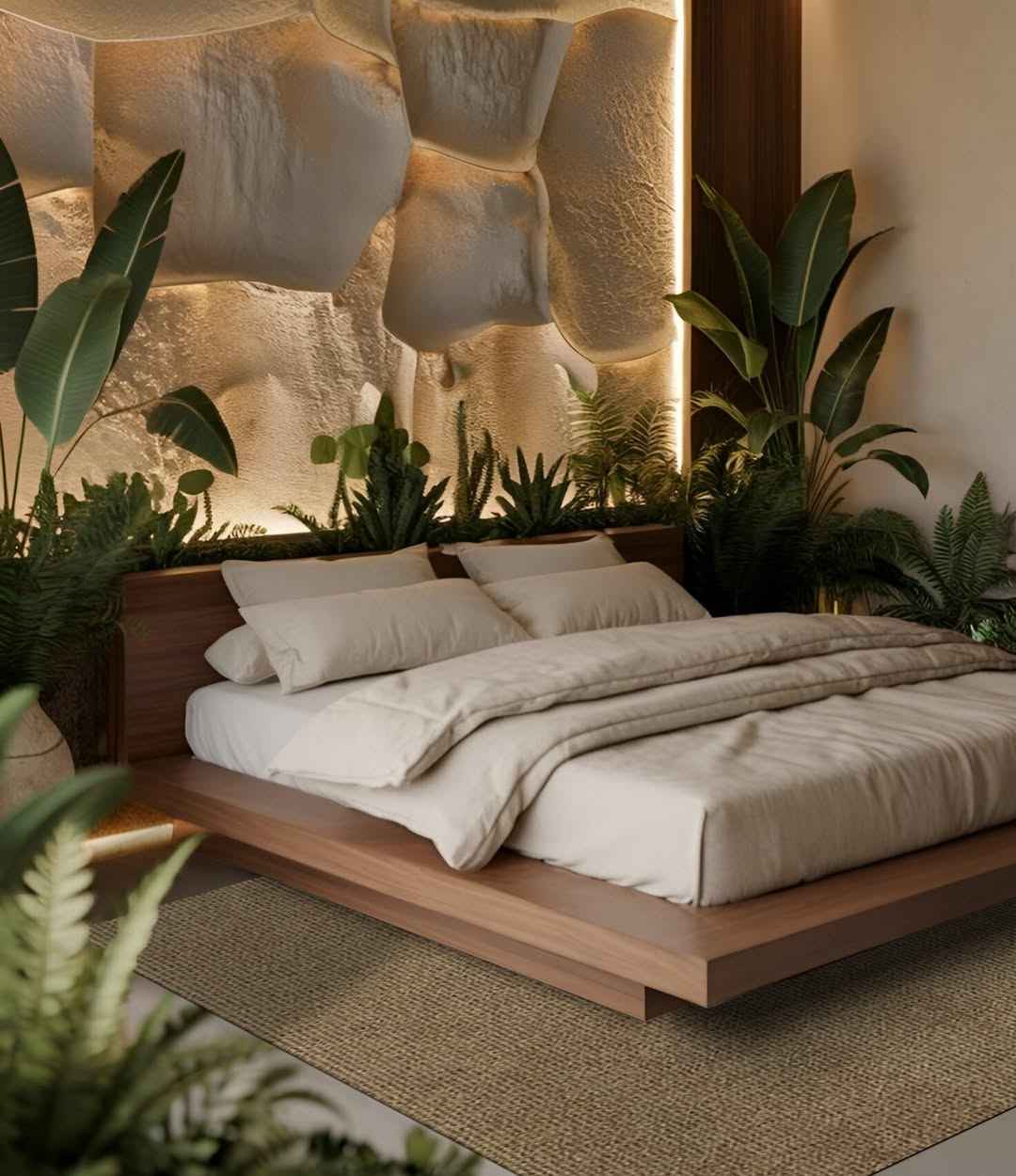 Nature-Inspired Bedroom with Stone Wall