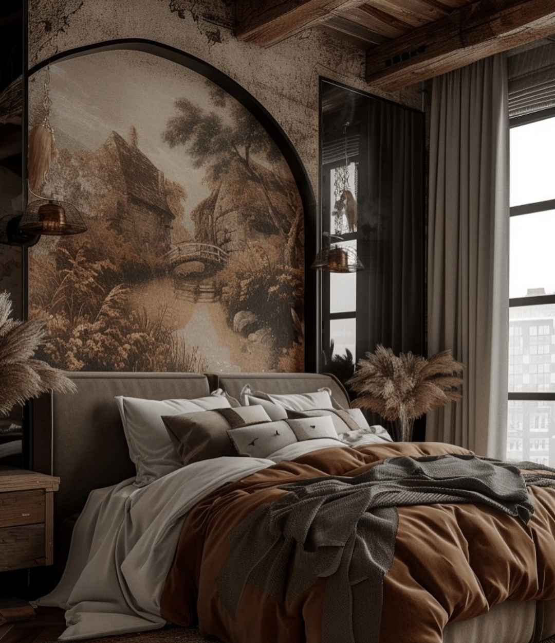 Rustic Dark Brown Bedroom with Scenic Mural