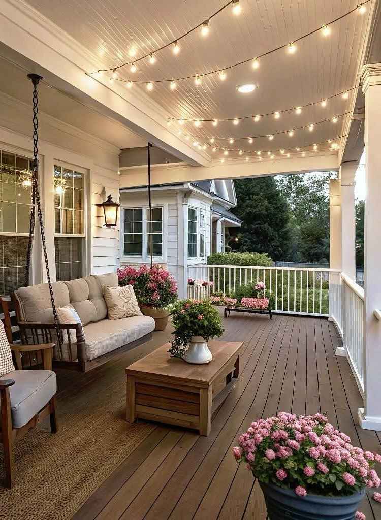 Spacious Porch With Evening String Lights
