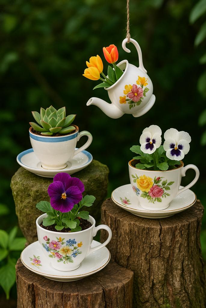 Repurposed Teacup Planters in garden