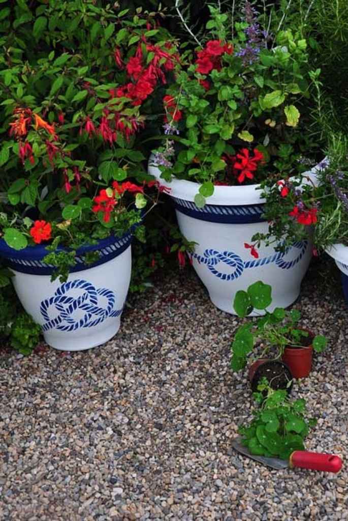 Nautical Blue and White Patio Flower Pots
