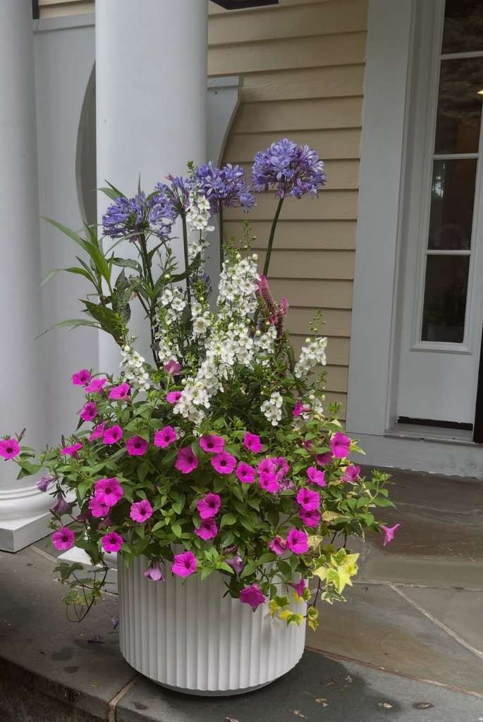 Tall Floral Patio Planter in White Ribbed Pot