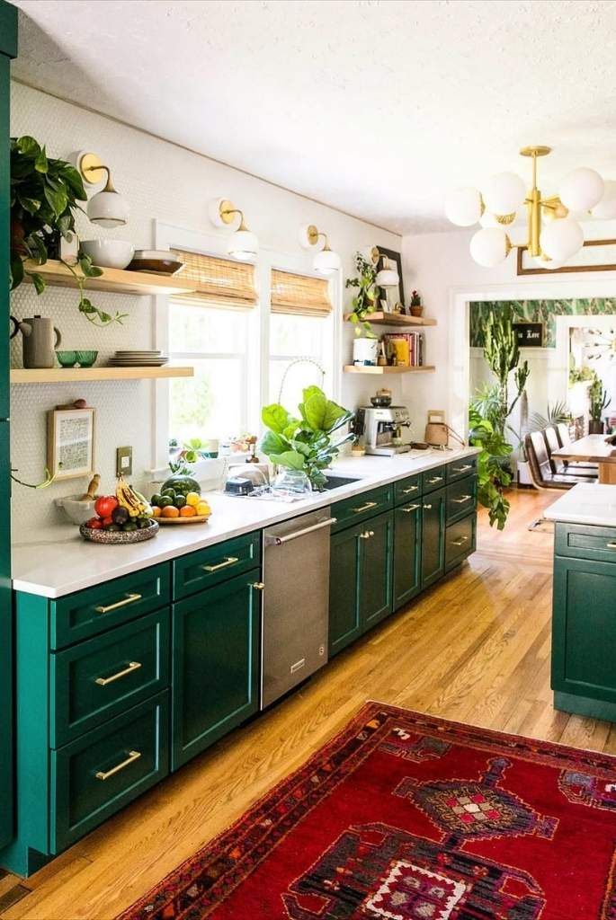  Lush Emerald Linear Kitchen with Open Shelving