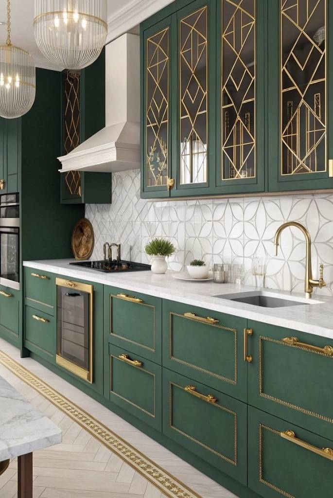 Glam Gold-Trimmed Forest Green Kitchen
