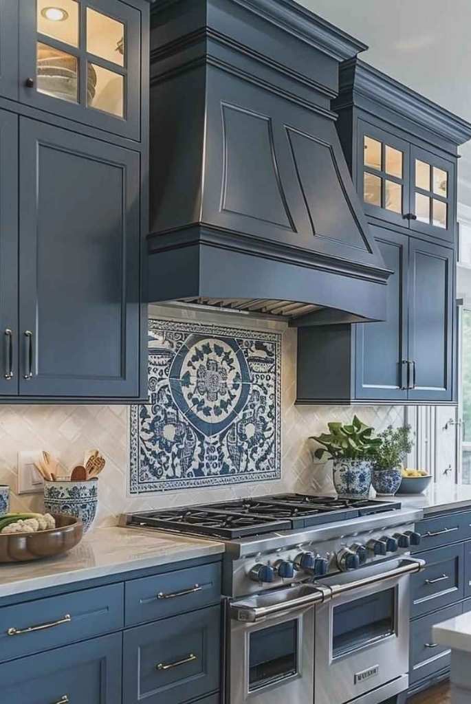 Blue Kitchen with Patterned Backsplash