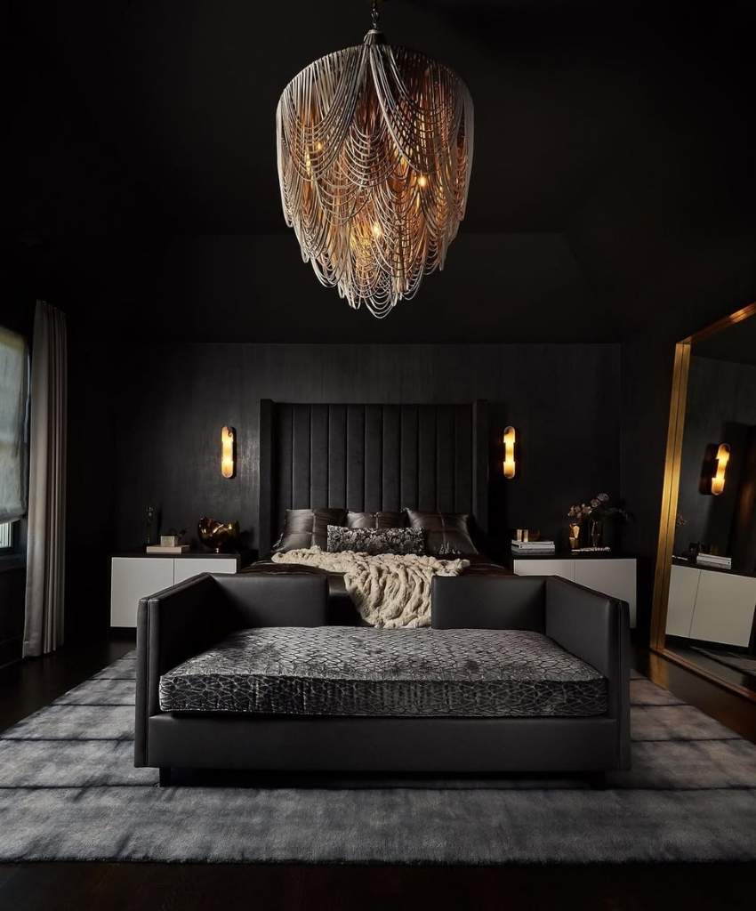 Dramatic Black Bedroom with Statement Chandelier