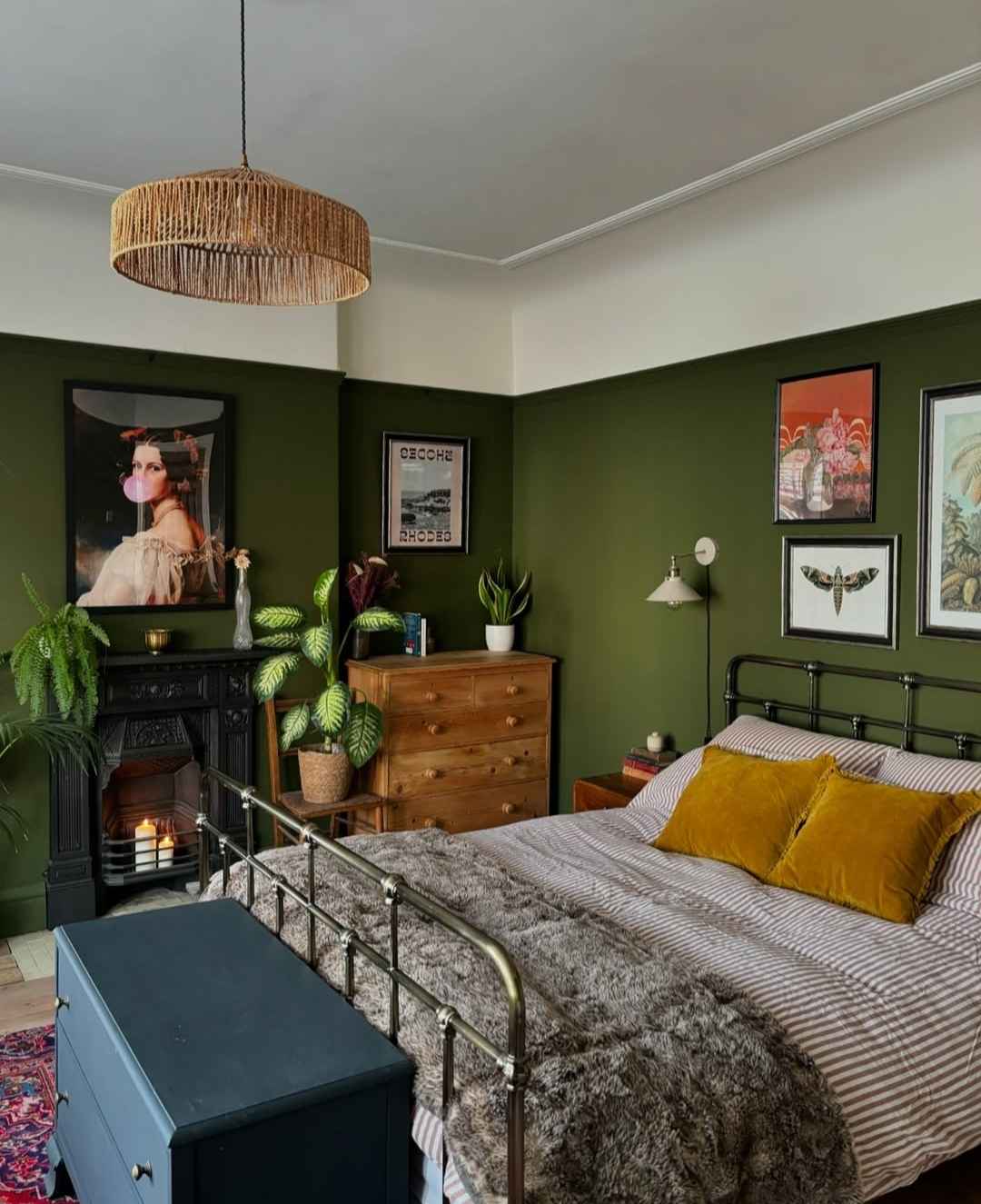 Eclectic Olive Green Bedroom with Vintage Touches