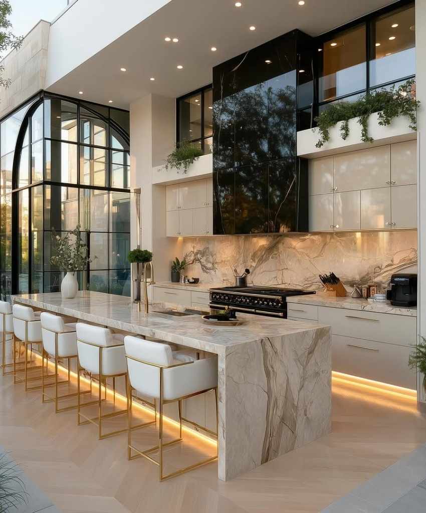 Luxurious Kitchen with Marble Island and Gold Accents