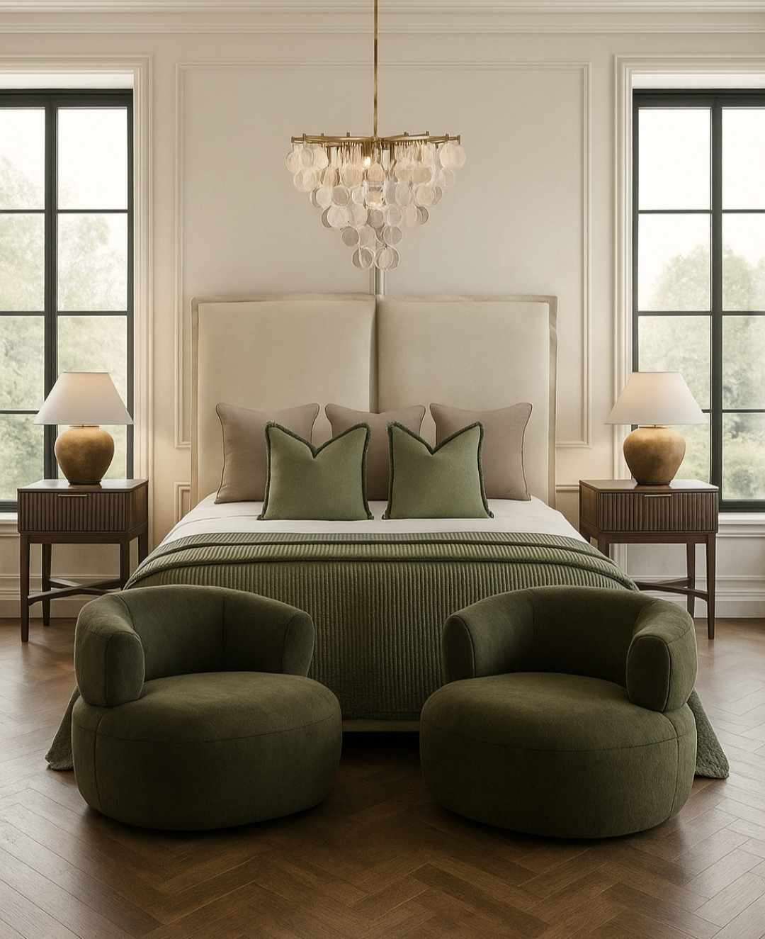 Modern Luxe Olive Bedroom with Lounge Chairs