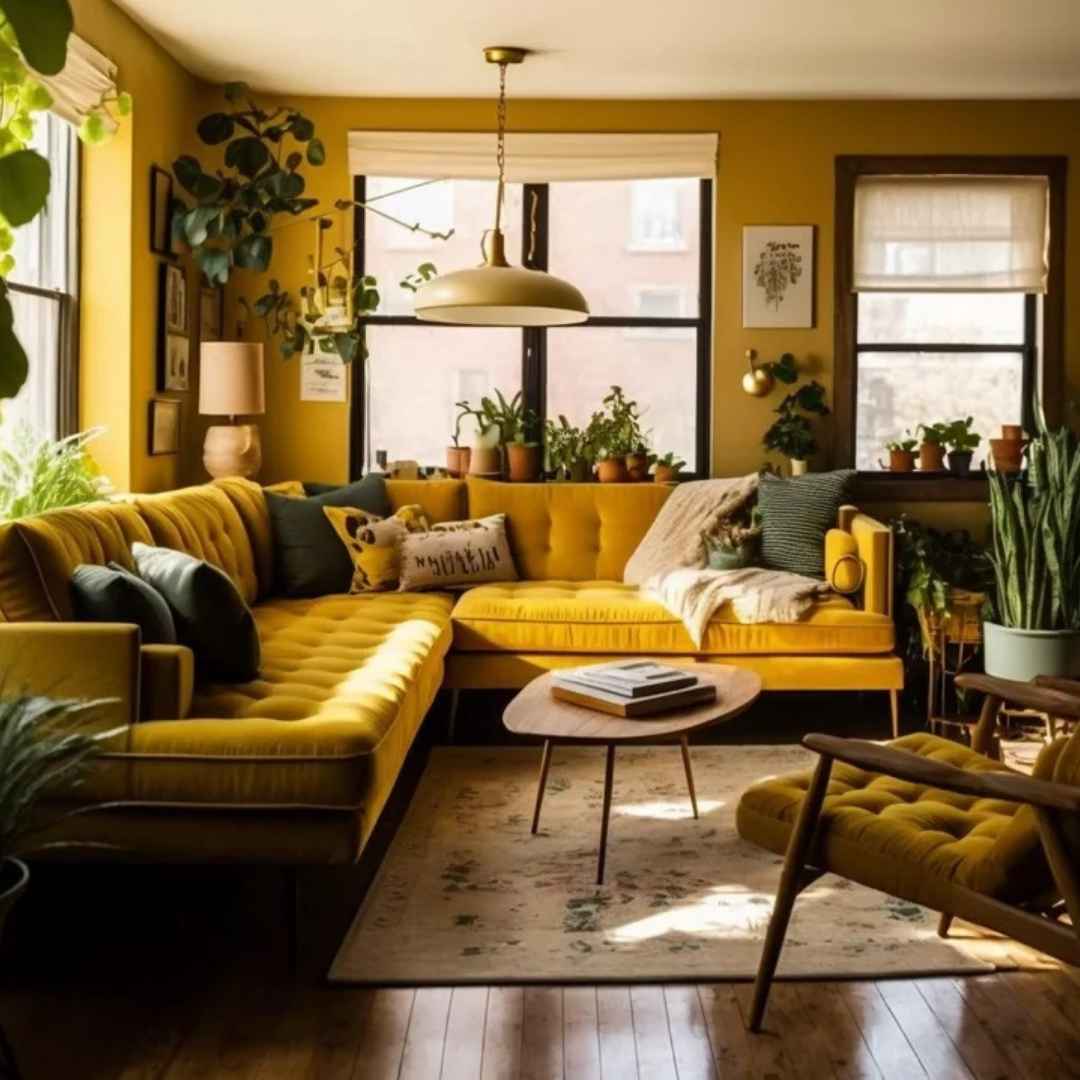 Mustard Yellow Velvet Sectional Plant Filled Room