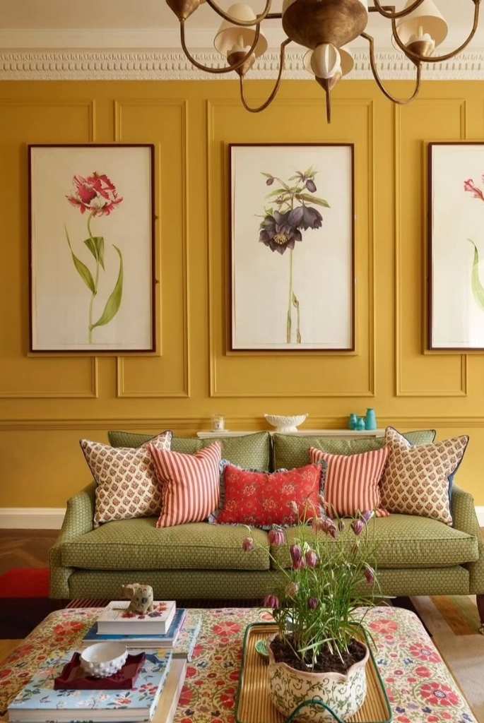 Mustard Yellow Wall Botanical Print Living Room