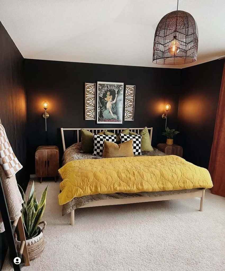 Retro Black Bedroom with Bold Accents