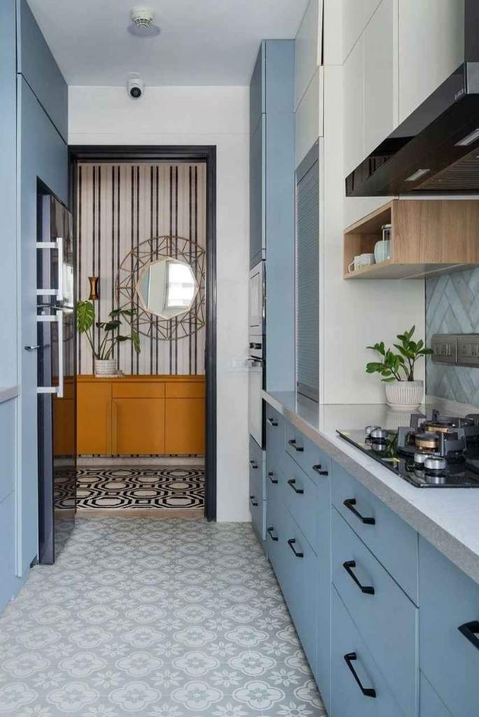 Sleek Blue Galley Kitchen