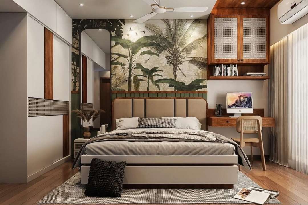 Tropical Olive Green Bedroom with Work Nook