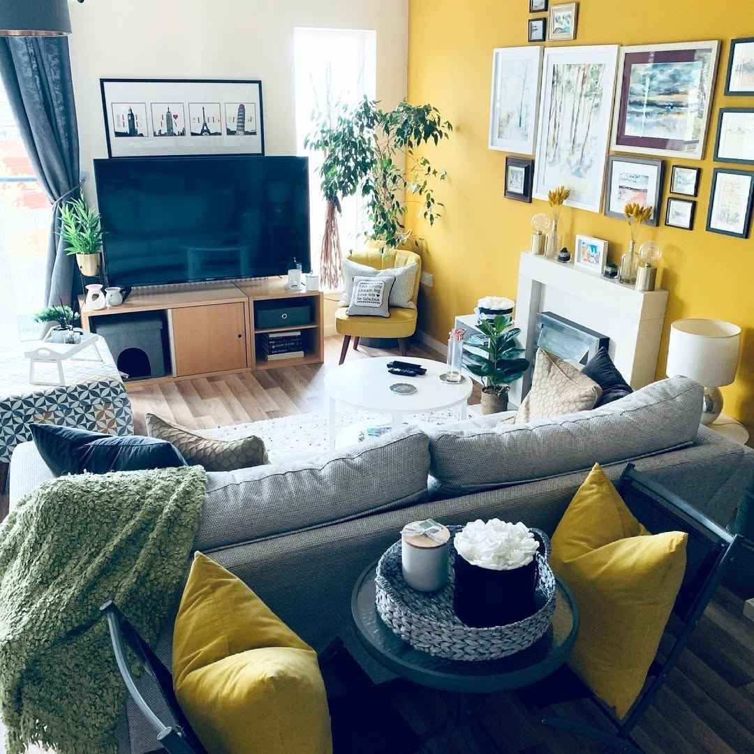 Yellow Accent Wall Grey Sofa Living Room