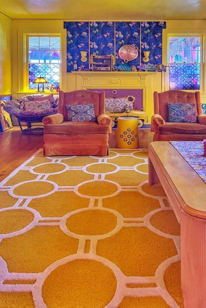Yellow Maximalist Living Room Purple Accent