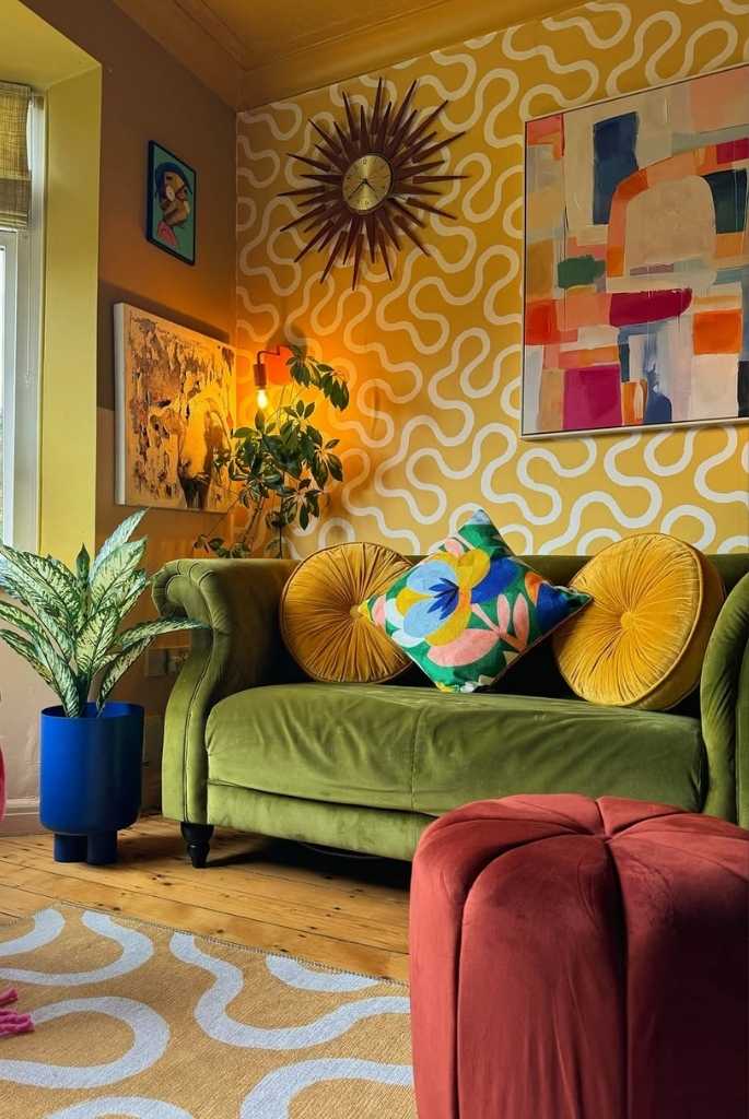 Yellow Maximalist Living Room Wallpaper