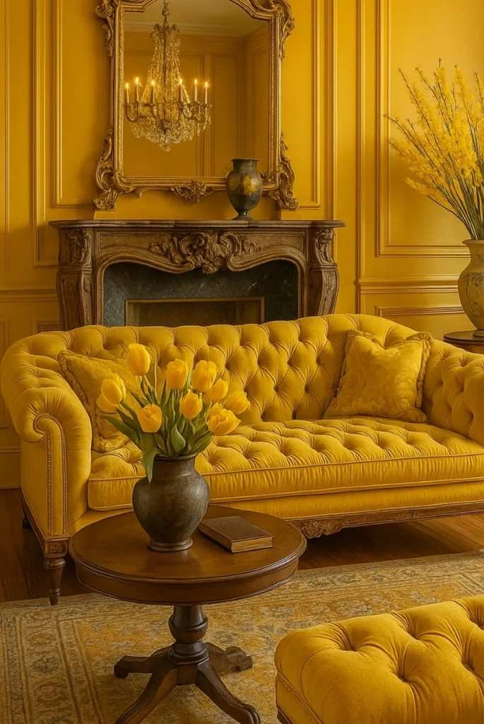 Yellow Velvet Tufted Sofa Living Room