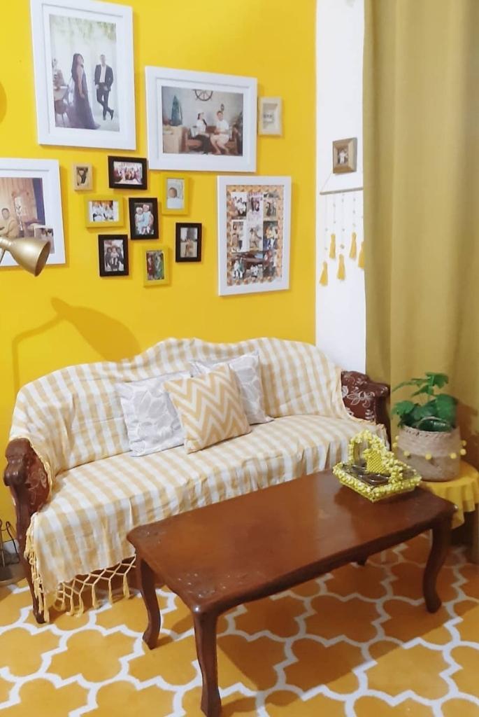 Yellow Wall Family Photo Gallery Living Room